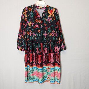 SUNDAY UP Multi-Color Floral Tiered Ruffle Relaxed Fit Knee Length Dress; Size S